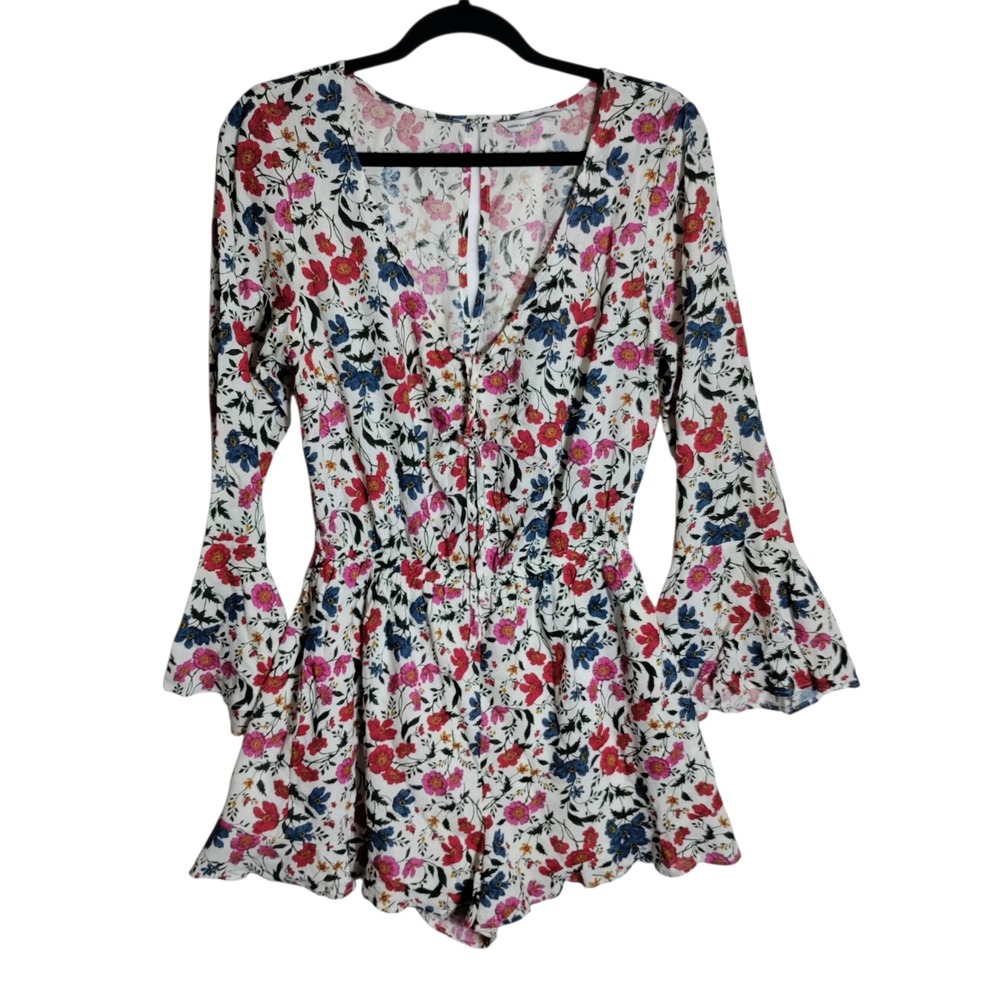 American Eagle Outfitters Floral Bell Sleeve Romper White Multi Size Medium